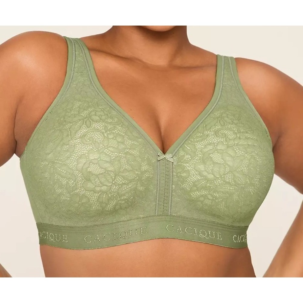 Cacique Lightly Lined No-Wire Bra 42DD Sage Green Floral Lace Wireless A83570